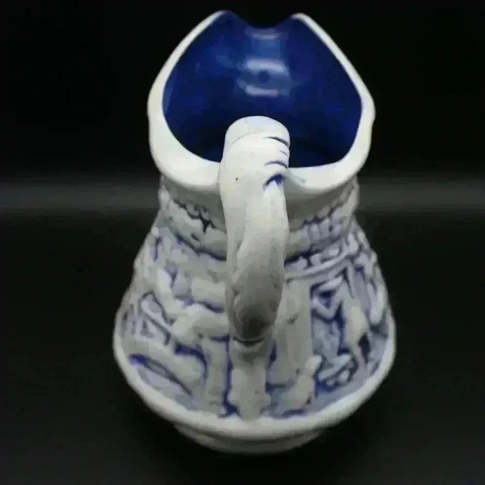 VINTAGE SIGNED CERAMIC POTTERY PITCHER JUG BLUE WASHED/RELIEF TAVERN SCENE